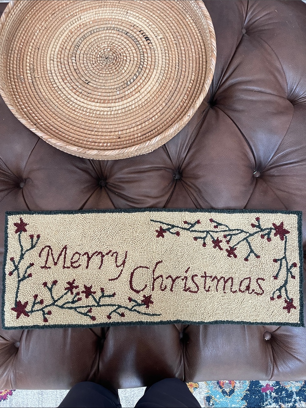 Merry Christmas Hooked Accent Rug or Table Runner - Neutral and Red Holiday